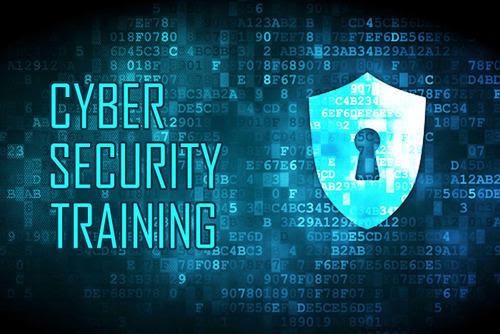 The words Cyber Security Training and a Blue Shield with a keyhole, on a a computer code background
