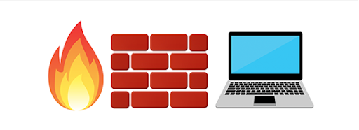 A flame, brickwall, and a laptop depcting a firewall concept