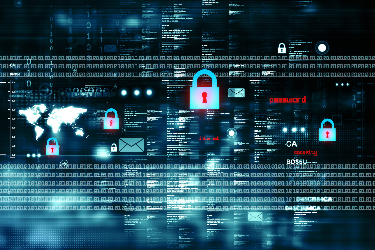 A graphic showing a world map, binary, locks with keyholes, and emails to represent cyber security
