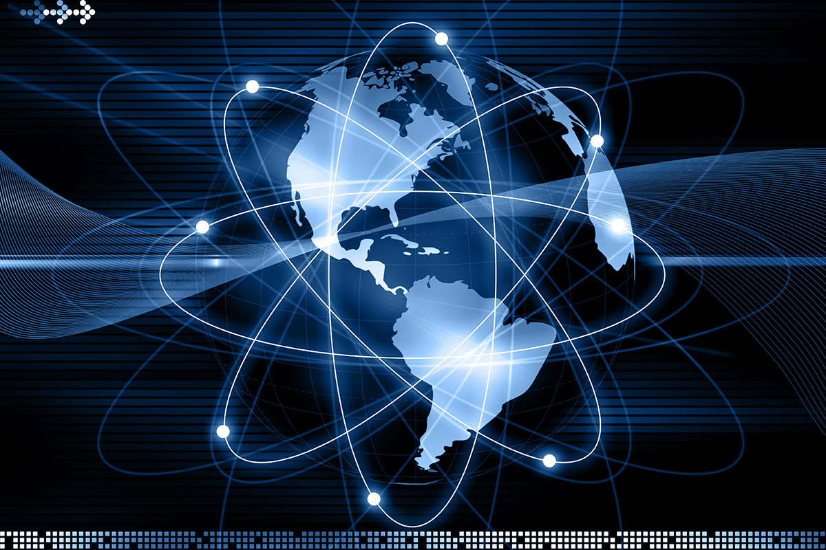 Illustration of Earth on dark background with network connection rings around the planet.