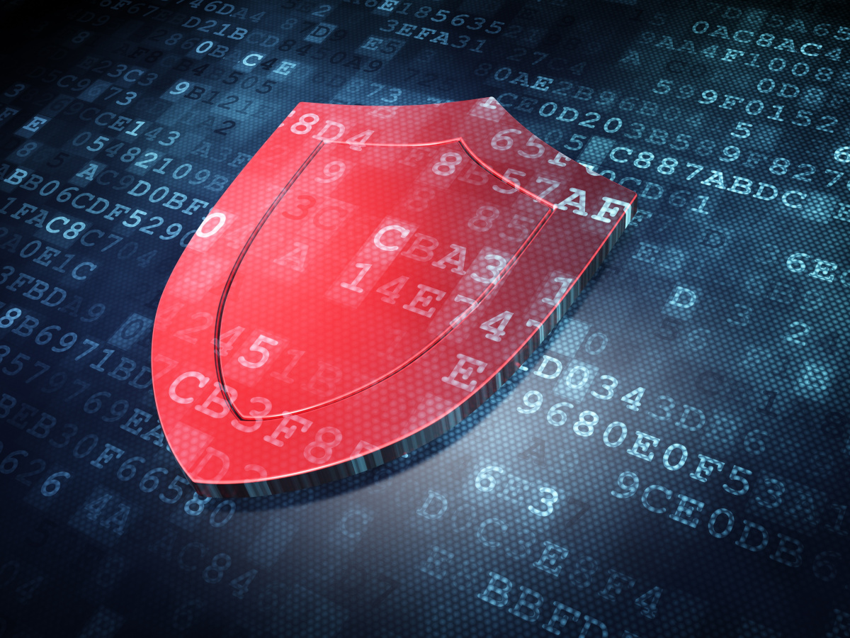 A red shield on a binary background