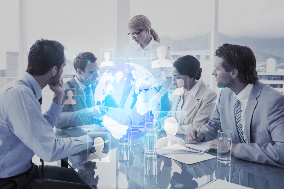 A futuristic technology interface overlaid on business people meeting in a board room