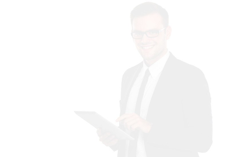 Smiling man working on tablet