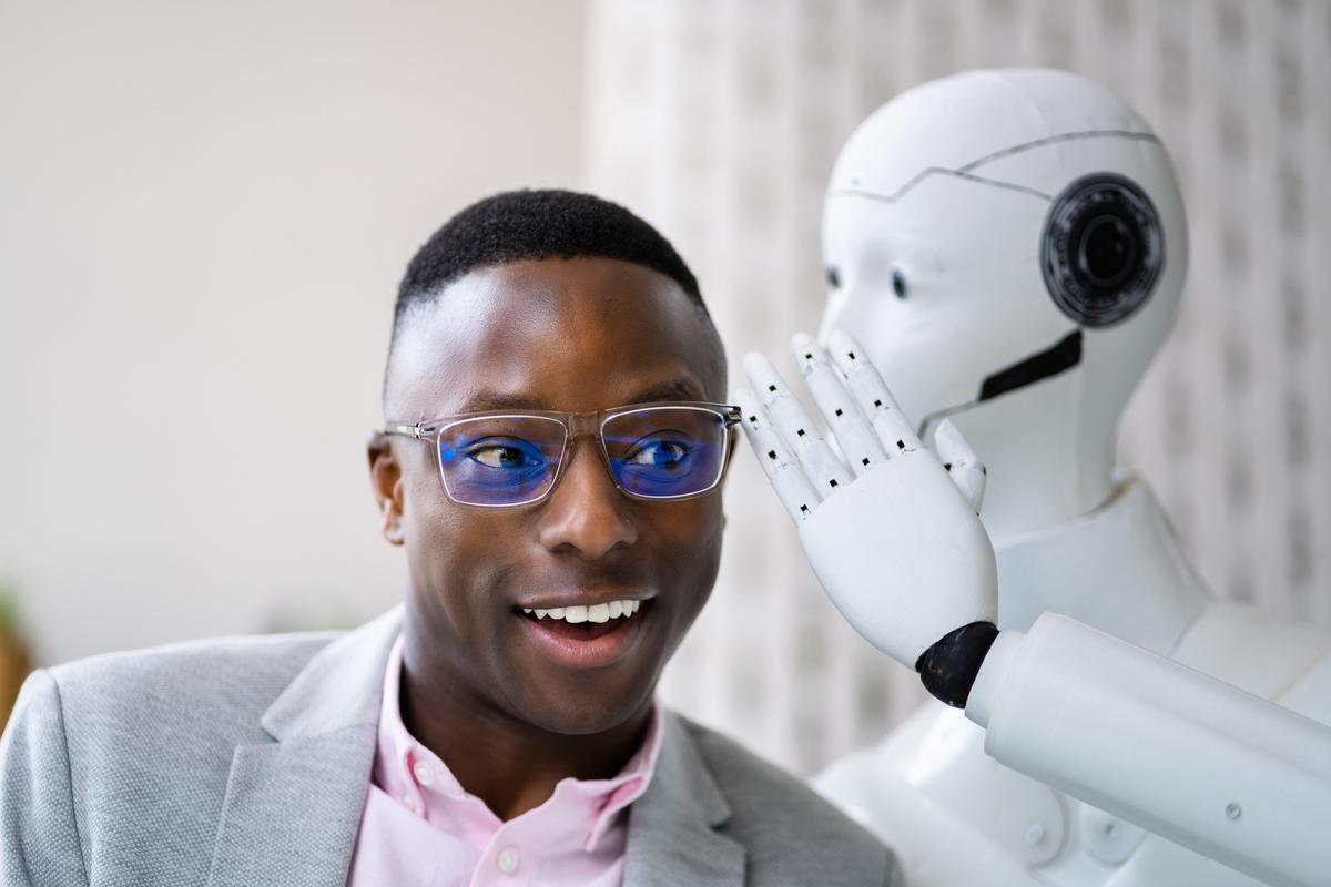 AI robot and network connections representing secure artificial intelligence solutions for business.