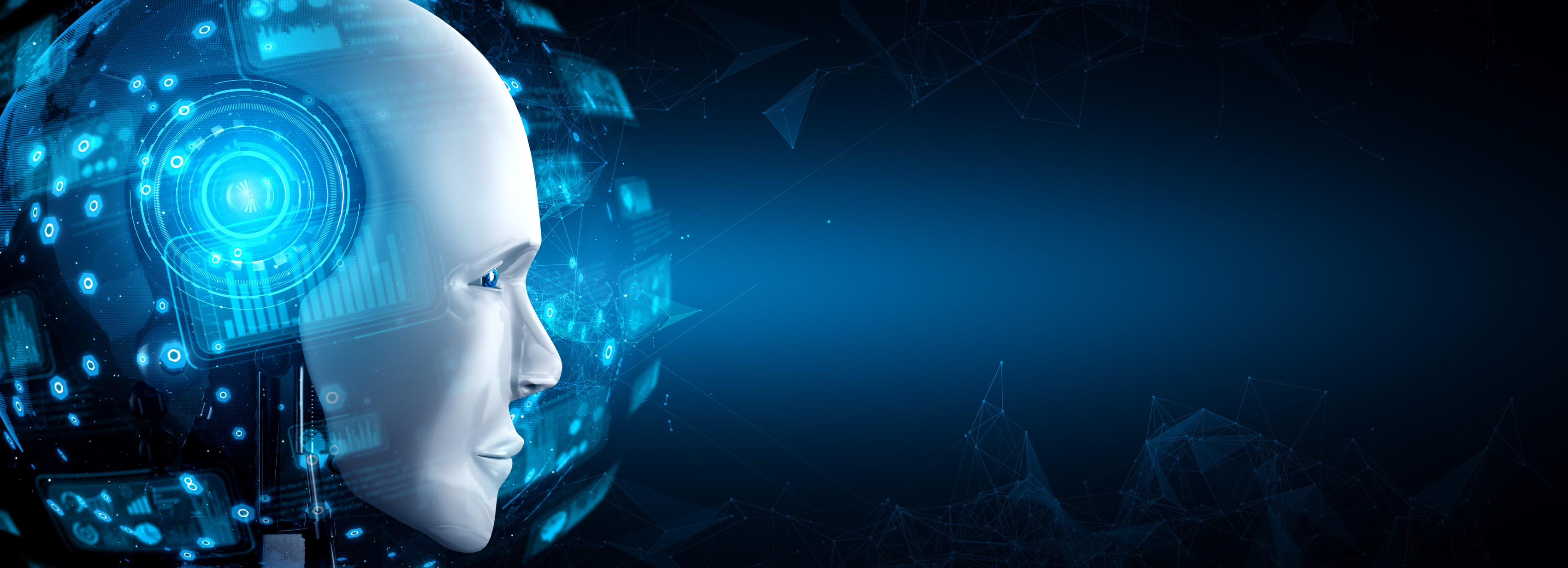 AI robot and network connections representing secure artificial intelligence solutions for business.
