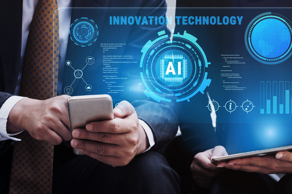 Businessman with a phone in front of a blue holographic AI and INNOVATION TECHNOLOGY display.